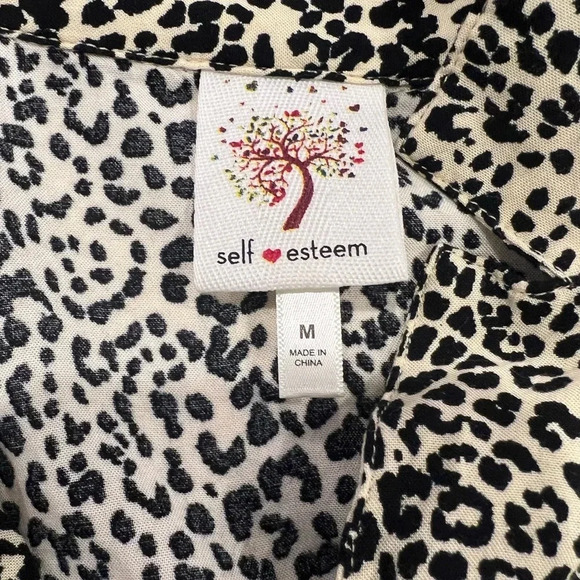 Self Esteem button up shirt size M cream/black animal print short sleeve pocket - Picture 6 of 7